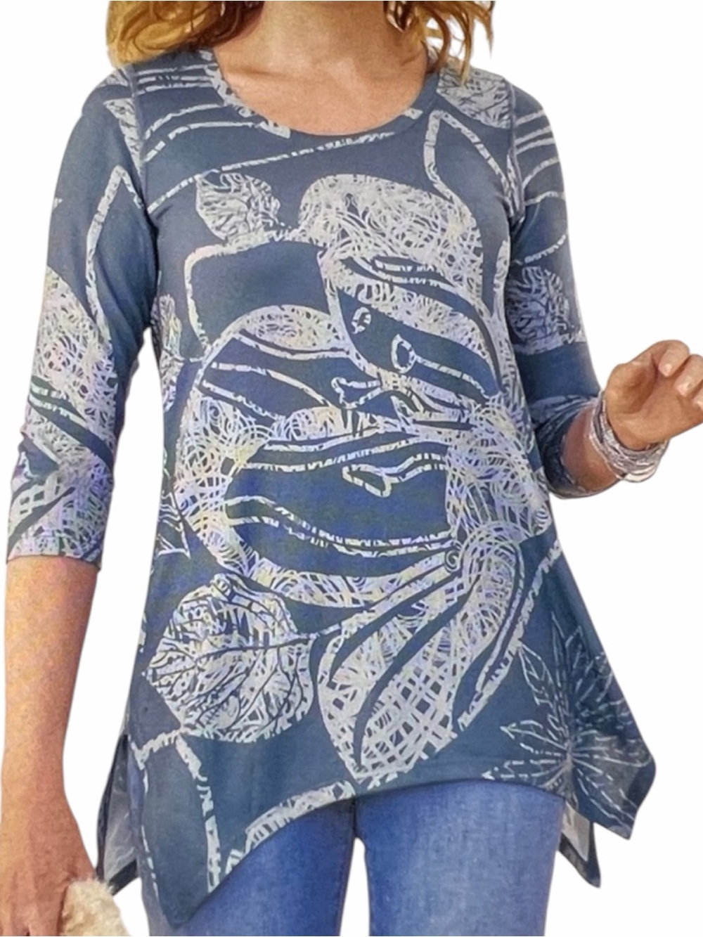 Soft Surroundings Valerie Tunic Top Blouse Shirt Leaf Aysmmetrical Blue L